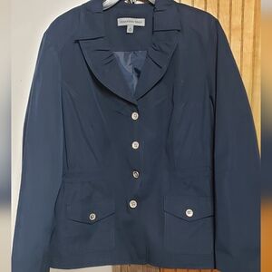 Samantha Grey Navy Blue Button Up Front  Blazer New With Tags Ruffle collar 14
